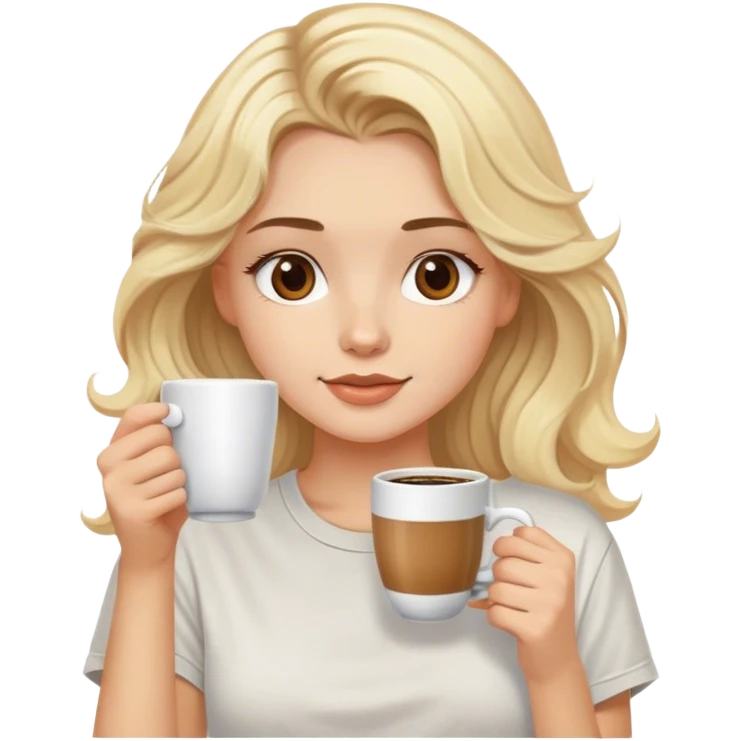 blonde model, brown eyes, medium length wavy hair, comfy t-shirt, drinking coffee emoji