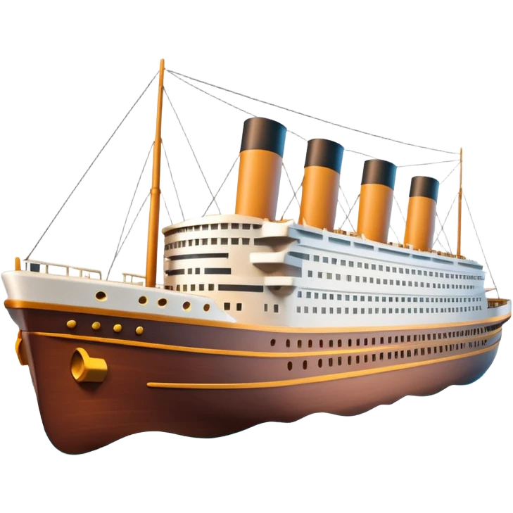 A 3D emoji of a Titanic ship in Apple style, glossy and smooth surface, bright clean colors with subtle shading, simple and minimal details, no face or expressions, floating on calm ocean, soft shadows, high-quality render, isolated on white background.


 emoji