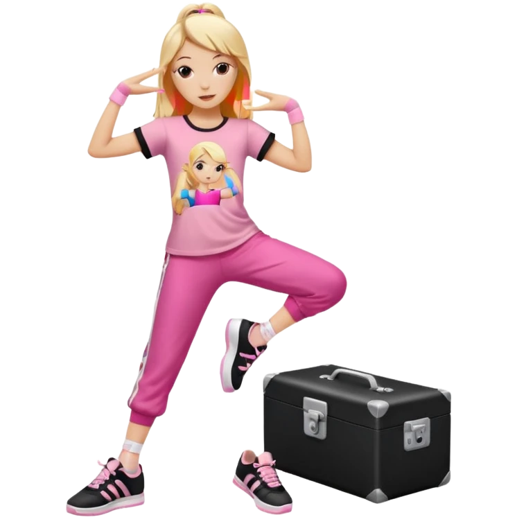 Hiphop dancer, with cute big pants, sneakers, and t-shirt. White girl blond. Coloufull shirt. No pocket pants. Dancing. Pink and black plain outfit. No sweatbands on the wrist, black music box behind her. Ballerina pose emoji