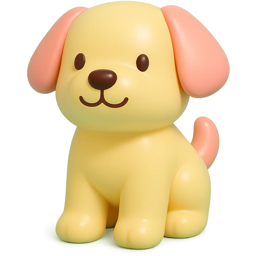               Transform {subject} into a soft vinyl figure with a smooth, glossy surface. The material should look slightly rubbery and tactile, with minimalistic curves and a matte-gloss hybrid finish. Use pastel or soft solid colors. The surface is seamless, with no visible textures or roughness. Studio lighting, vibrant background, clean, playful, designer toy aesthetic and no shadows. {subject} = dog, make sure the mouth has nice outlines emoji