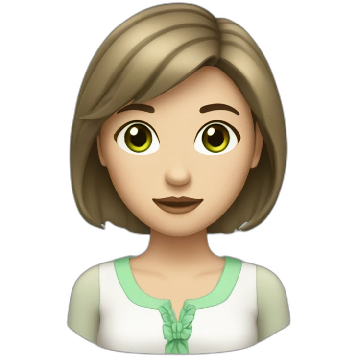 Female with brunette hair and slightly fringe and green eyes. Wearing formal cute outfit emoji