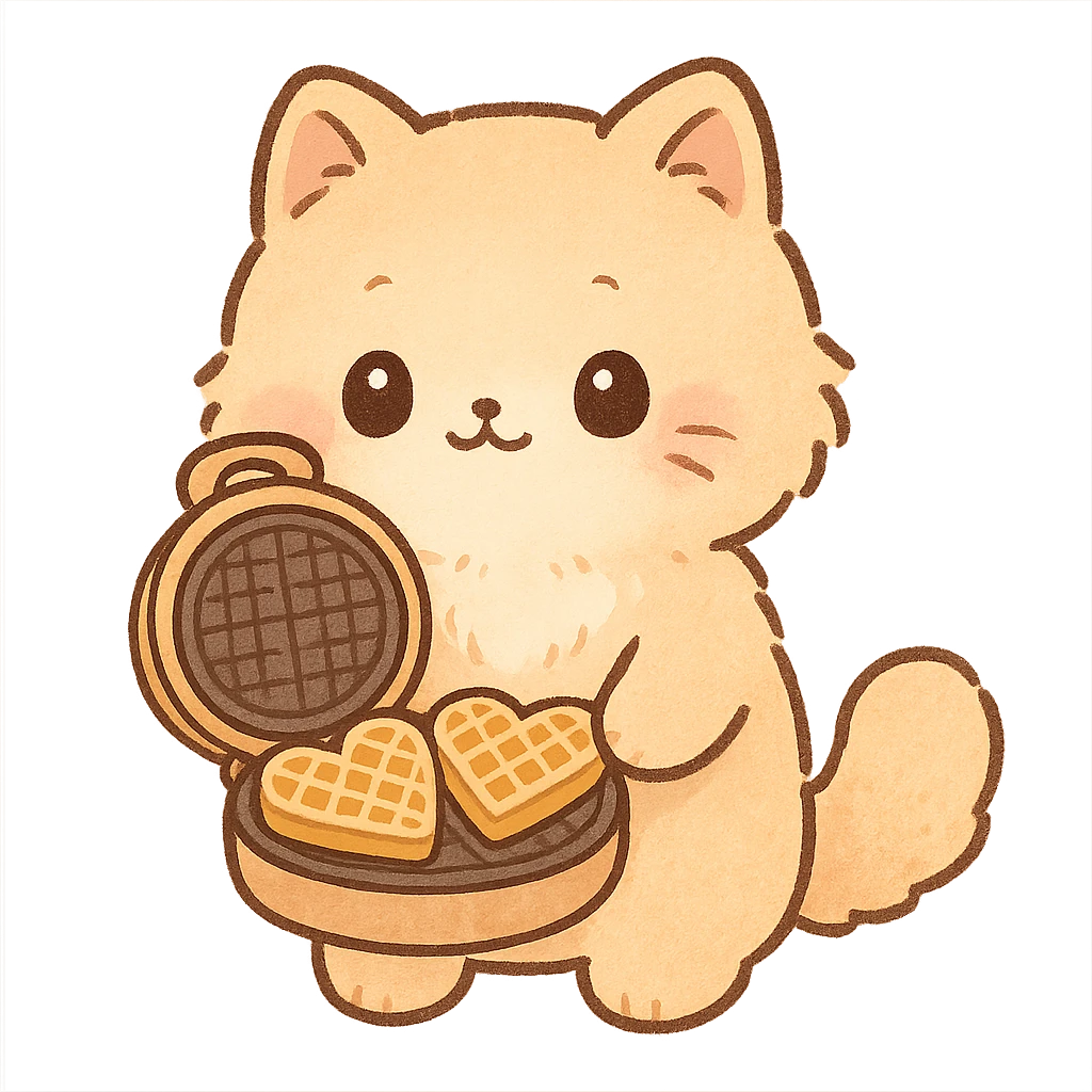 chibi style soft fluffy cat as a waffle maker, showing heart-shaped waffles, pastel orange, full-body emoji