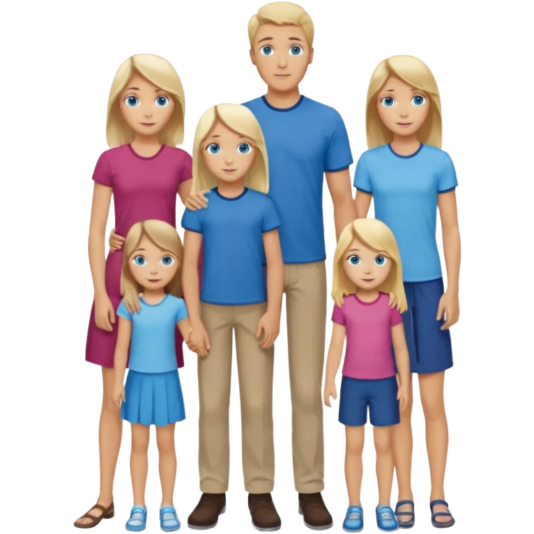 Familie: alle blauäugig, lang und schlank, Vater, Mutter( blond), zwei Mädchen( , 18-jährige hat braune Haare, 13 jährige hat blondes Haar), 2 Jungs( 9 und 6, der 9 Jährige hat dunkelblondes/braunes Haar, große blaue Augen, der 6 jährige ist hellblond und ziemlich frech).  emoji
