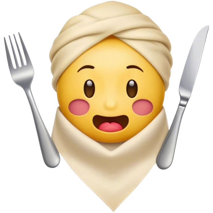 drooling emoji with napkin tucked in holding a fork and knife emoji