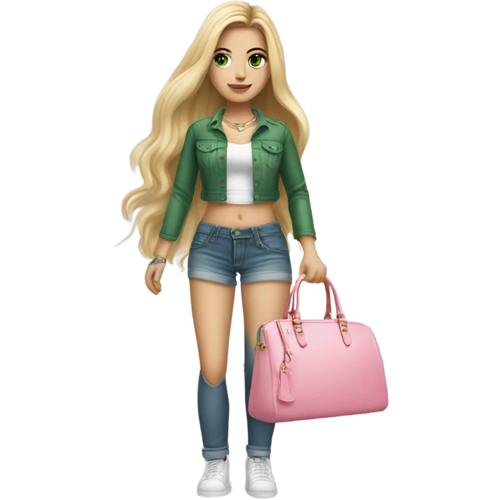 Realistic White girl with Long straight blonde hair, green eyes, tattoos, full body wearing white crop top and jeans, holding pink håndbagage emoji