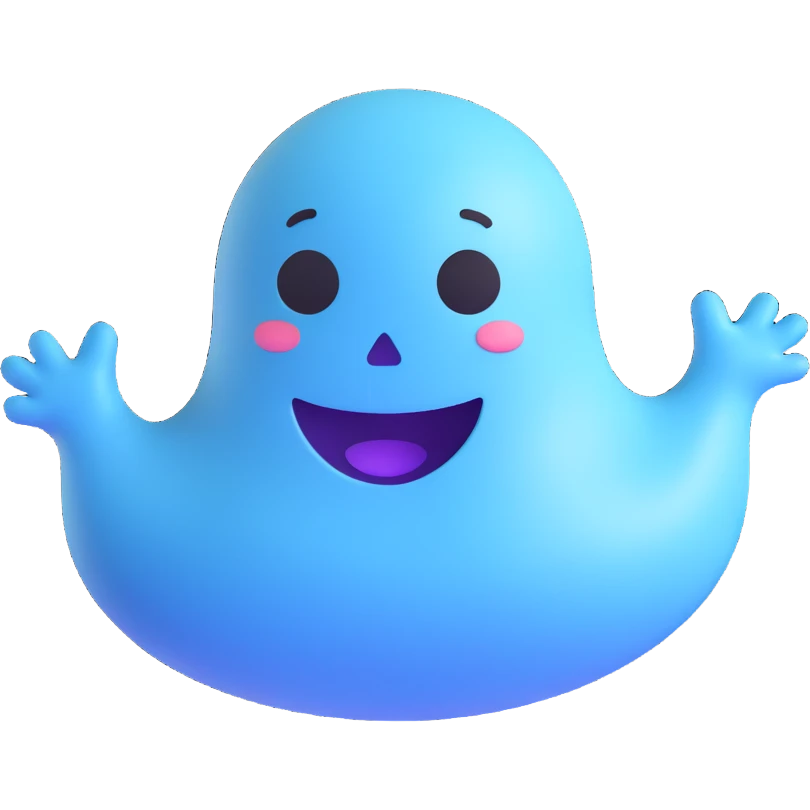 3D emoji-style ghost, rounded shape, smiling face, floating emoji