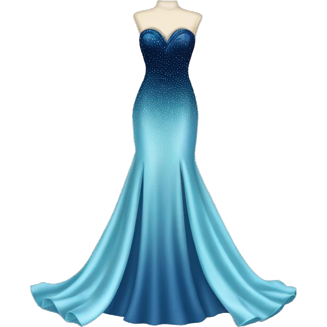 Realistic isolated long slim pastel blue formal party satin dress with gradient shiny sparkling navy blue diamonds embroidered on it. emoji