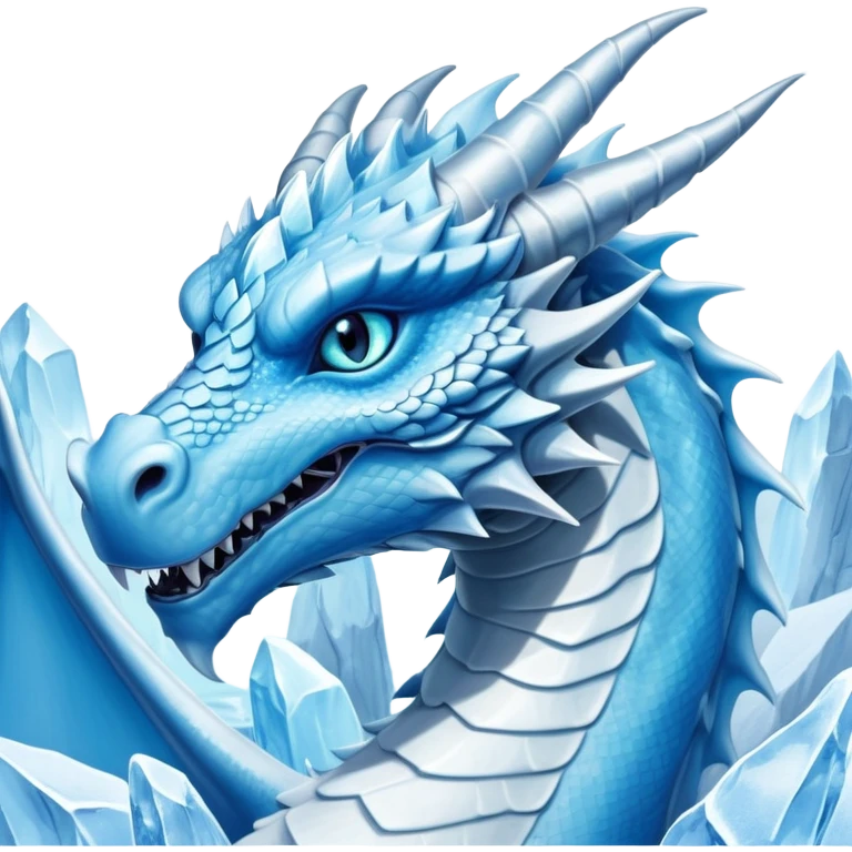 Cinematic Noble wise elegant Ice Dragon Portrait Emoji, Poised and imposing, distinct long elegant snout, with a slender, scaled body shimmering in glacial hues of icy blue, frostbitten silver, and crystalline white, breathing out frost, with piercing, glowing ice blue white eyes that radiate the chilling depths of an arctic storm; rendered in detail. excuding wisdom emoji