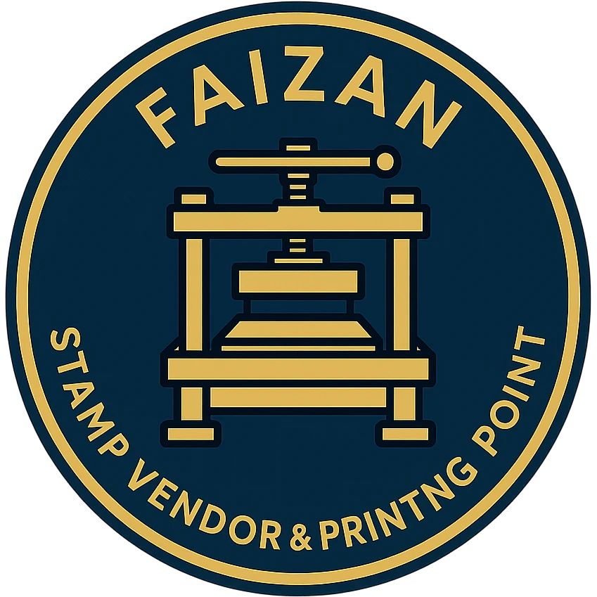 logo for 'Faizan Stamp Vendor & Printing Point', circular badge style, vintage printing press motif, gold and navy colors, elegant and established feel emoji