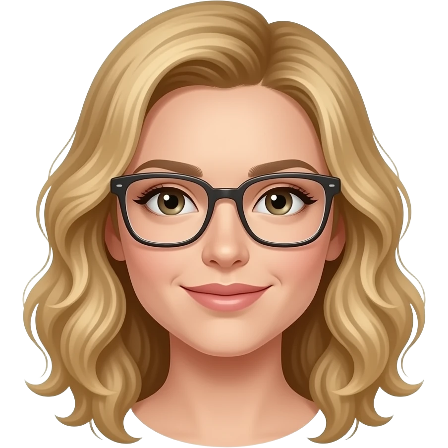 woman with shoulder length blonde curled hair, rectangular glasses emoji