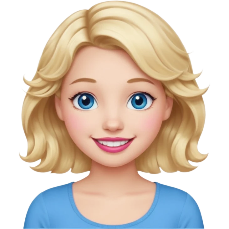 Girl Blonde short wavy hair,  blue eyes, cute blue top, long lashes, pink lips, 👄 big smile emoji