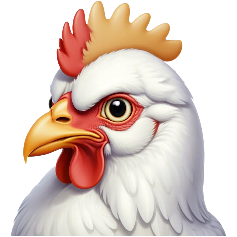 Cinematic Noble White Chicken Portrait Emoji, Poised and regal, with a compact, sturdy build and a pristine, well-groomed pure white plumage, deep-set soulful beady eyes, Simplified yet sharp and sophisticated features, highly detailed, glowing with a soft, dignified glow, high shine, intelligent and alert, stylized with an air of barnyard elegance, focused and attentive, soft glowing outline, capturing the essence of a watchful and confident fowl, so majestic it feels as though it could strut out of the screen with effortless authority! emoji