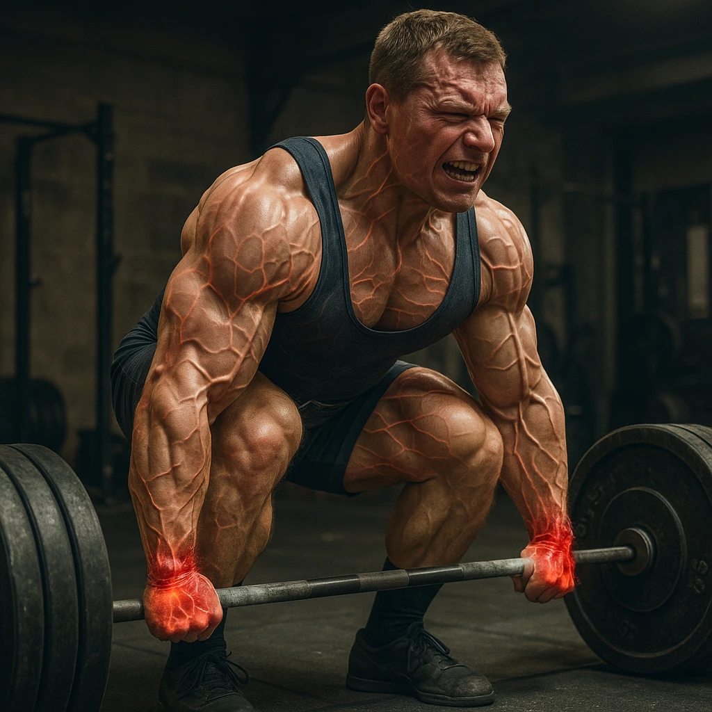 European powerlifter in deadlift position, muscles and nerves expanding with visual effect, reddened and swollen wrist ligaments, effort and risk atmosphere, realistic details, gym background emoji