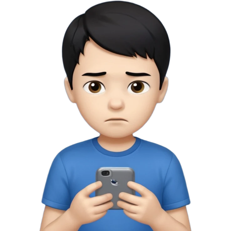 un niño de entre 3 - 10 años jugando con su celular, cansado en una habitacion apagada, el niño tiene piel blanca y cabello negro (hombre)

 emoji