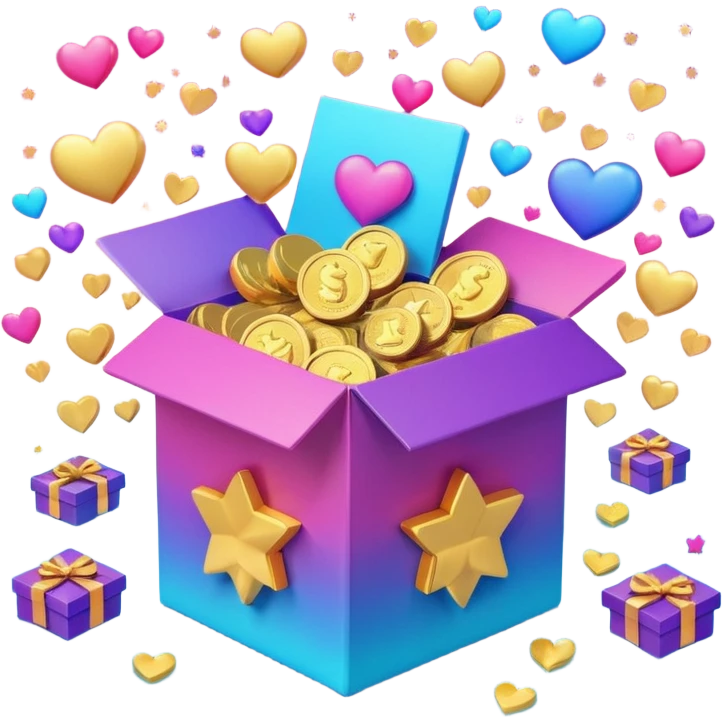 3D open gift box with Instagram logo, gold coins, hearts, stars, documents floating out, smiling human faces around, vibrant pink blue purple gradient, glossy modern style, premium marketing banner emoji