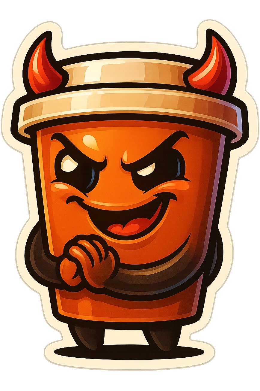 Tall coffee cup, devil horns, smirking, evil, rubbing hands together, laughing emoji