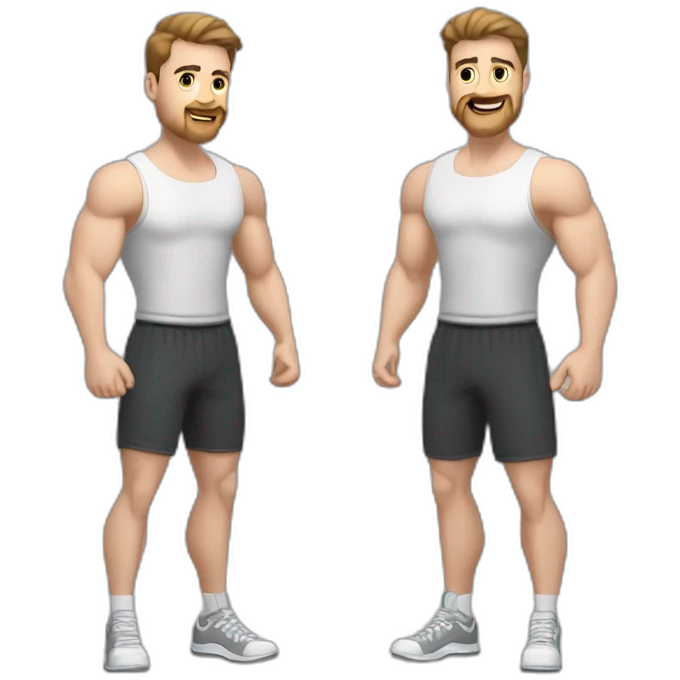 Full height Actively gesturing with hands Pale skinned Fit Man With the biceps and brown hair in dark gray Sleeveless Mike, black oversize sports shorts, watch and white Sneakers emoji