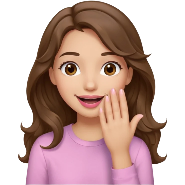 girl with wavy long brown hair, brown eyes, light to medium complexion, long lashes, light pink lipstick, wearing light pink shirt, sexy, gigling hand covering mouth emoji