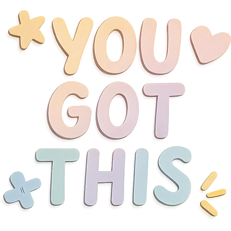"You Got This" inspirational quote in soft pastel rainbow calligraphy, cute doodle style, gentle shadows, journaling stickers, transparent background emoji
