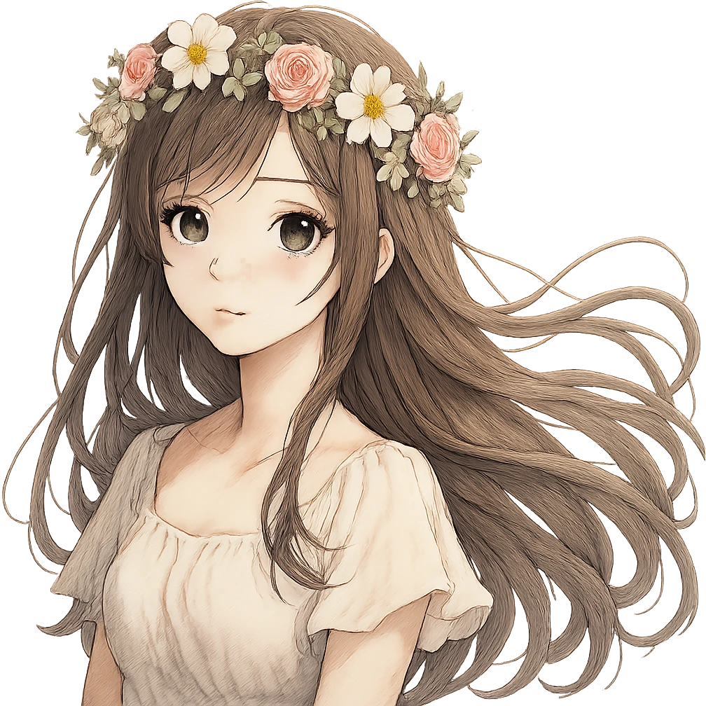 realistic anime style girl with long flowing hair and a flower crown emoji