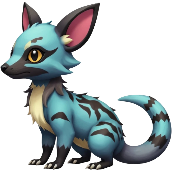 Rare exotic cute epic aesthetic gothic colorful Salandit-Eevee-Civet-species-Fakemon-hybrid-creature, with markings, full body emoji