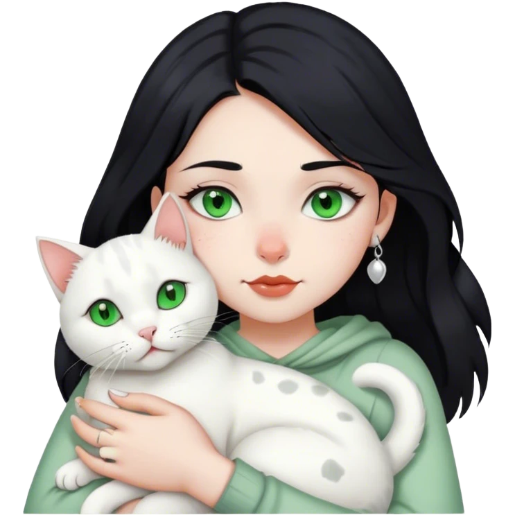 girl with black hair, green eyes, nose piercing, lip piercing hugs white cat with gray spots on head emoji