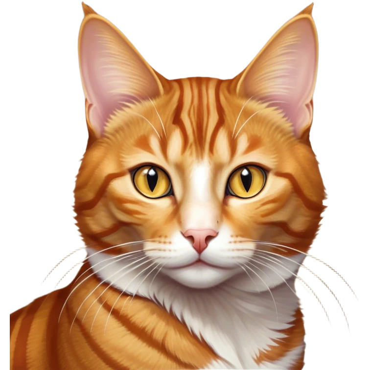 Cinematic Noble Ginger Tabby Cat Portrait Emoji, Poised and regal, with sleek orange-brown fur featuring bold tabby stripes and a distinct M-shaped marking on the forehead, bright amber eyes, Simplified yet sharp and sophisticated features, highly detailed, glowing with a soft, dignified glow, high shine, intelligent and graceful, stylized with an air of elegance, focused and attentive, soft glowing outline, capturing the essence of a watchful and refined feline, so majestic it feels as though it could glide across the screen with effortless confidence! emoji