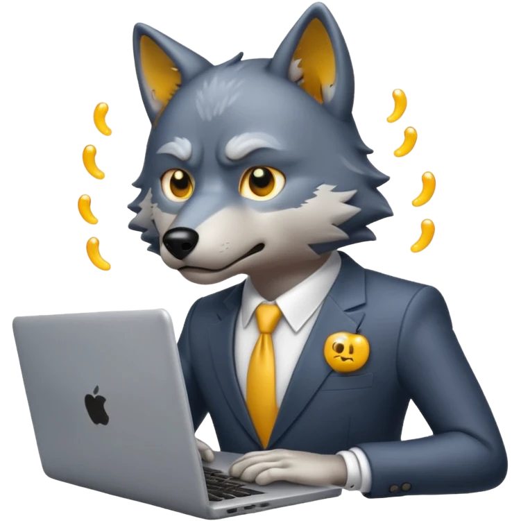 wolf in a suit sweating while looking at a laptop, emoji style emoji