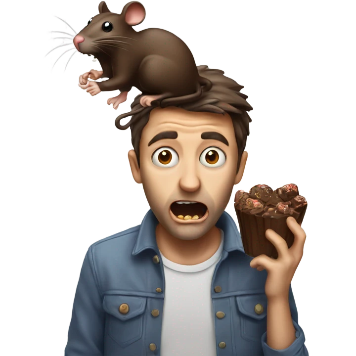 A scared man eating chocolate with a rat on his head emoji