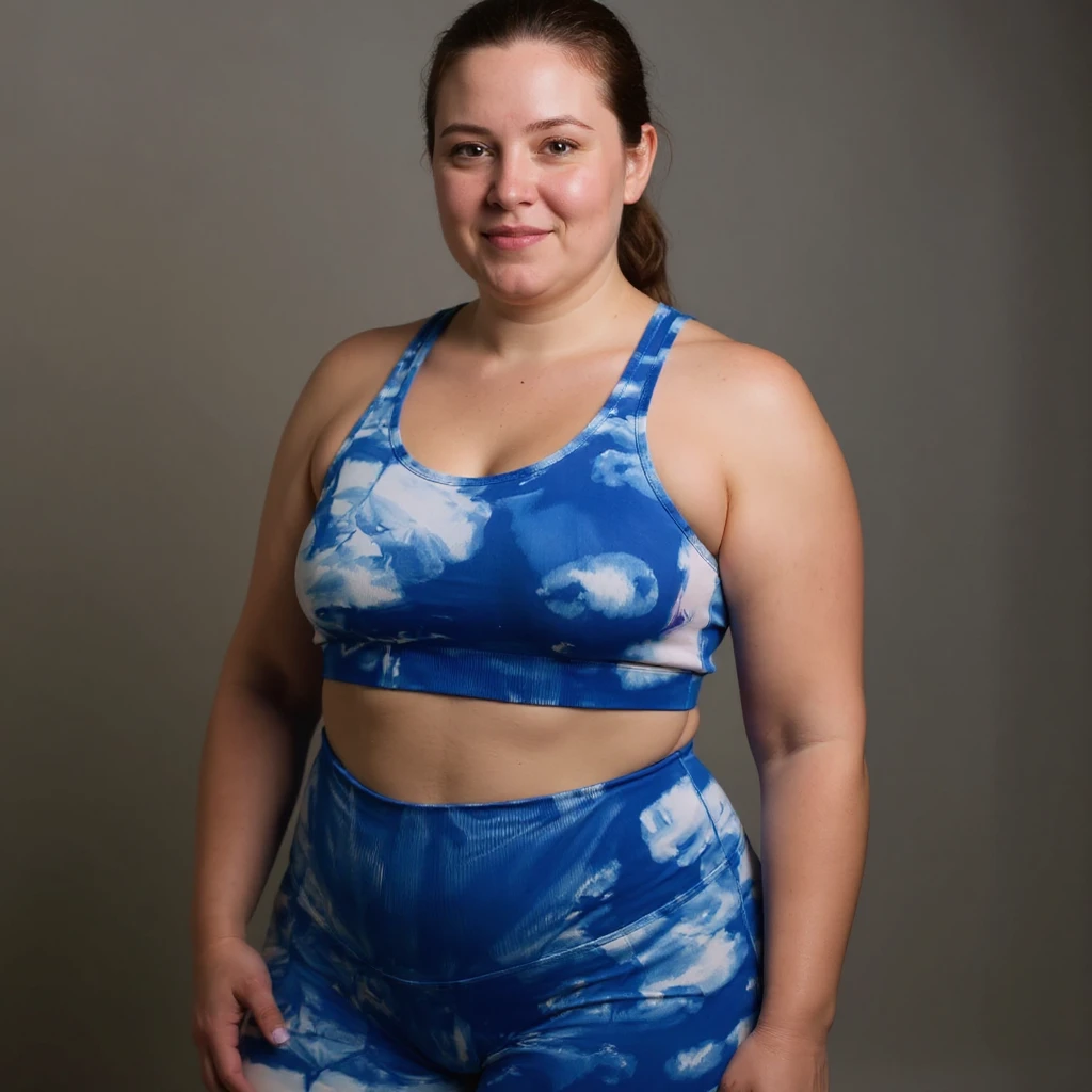 Realistic style image of a woman in sportswear inspired by the reference photo, showing evident water retention and swelling on the abdomen and hips, natural pose, neutral background. emoji