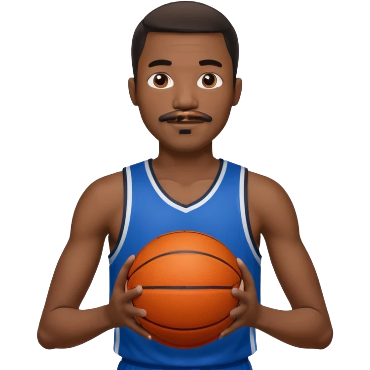 black bold man basketball player blue jersey with mustache holding basket ball emoji