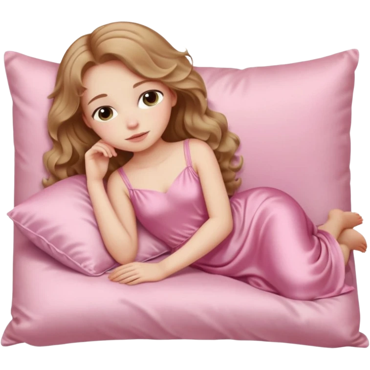 Sleeping beauty pale-skinned girl with light brown wavy hair, resting peacefully on a soft pink silk pillow on her side, wearing a pastel pink dress emoji