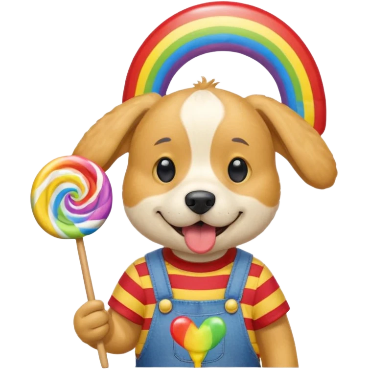 Generate a emoji of a dog with a comically large rainbow swirly lollipop with a goofy silly propeller hat, make the dog wear a striped bright yellow, red, and blue shirt with jean overalls emoji