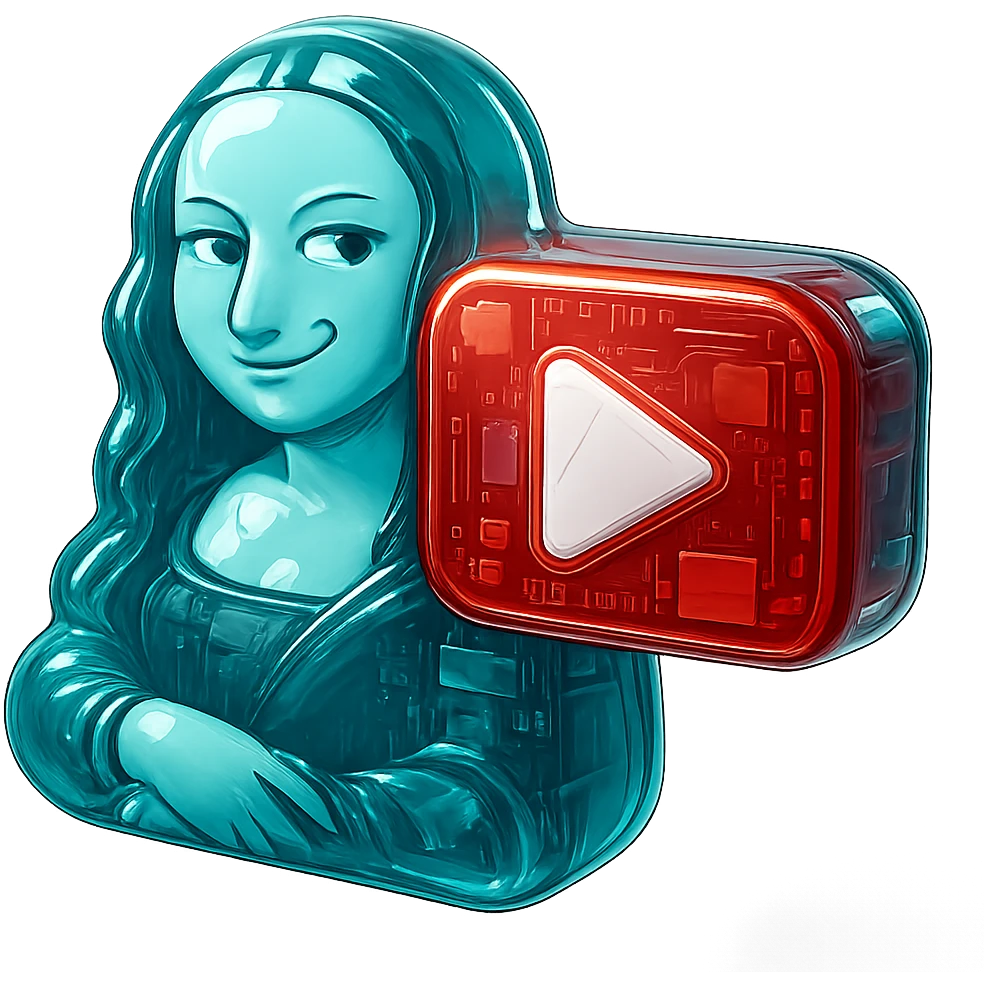 Mona Lisa with a smirk and raised eyebrow, red YouTube play button, glossy circuit style emoji