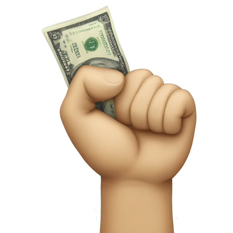 A fist holding a few notes of money. I want the money notes to be blue emoji