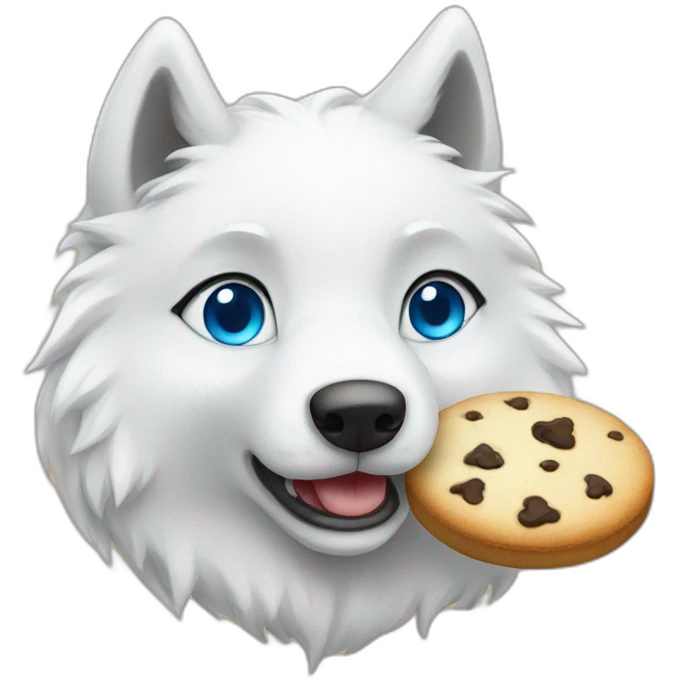 A cute white wolf with blue eyes, eating a single delicious cookie emoji