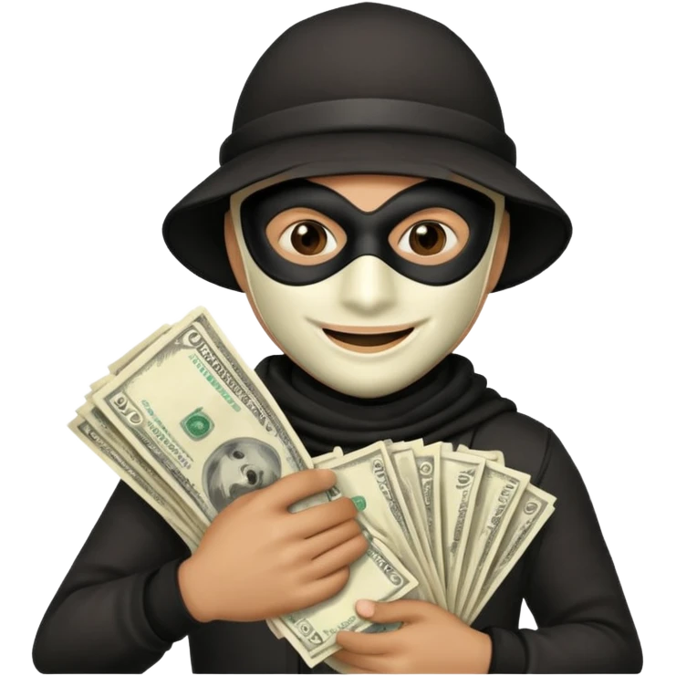 Robber emoji holding a 💰 wearing a mask that is made of robber dress emoji