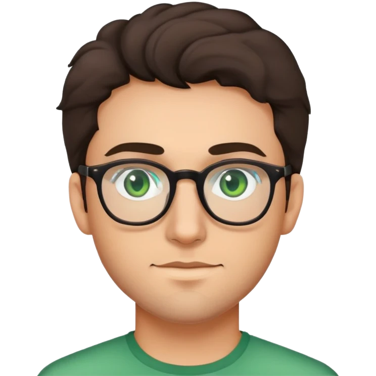 young man with dark slightly curled hair wearing glasses with green eyes and stubble emoji