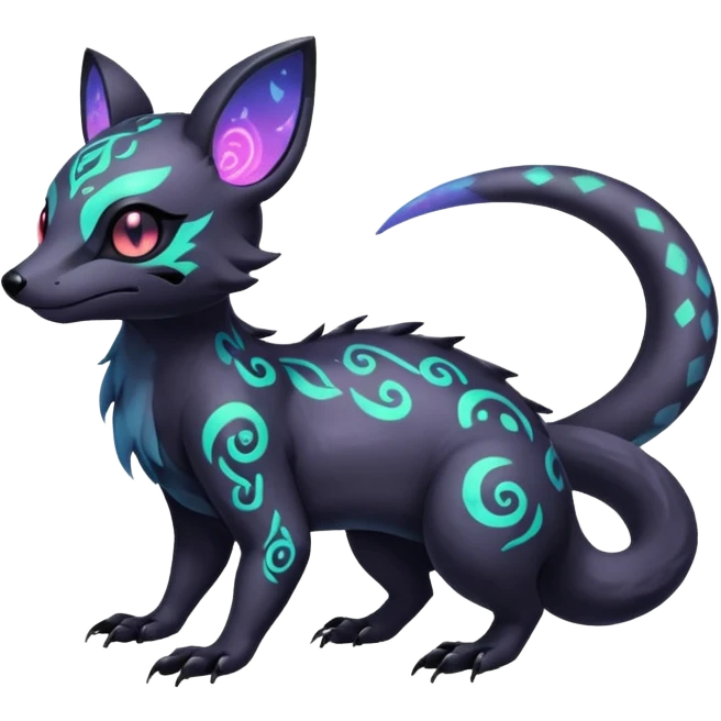 Rare neon iridescent white exotic cute epic aesthetic gothic colorful Salandit-Eevee-Civet-species-Fakemon-hybrid-creature, with intricate tattoo markings, full body emoji