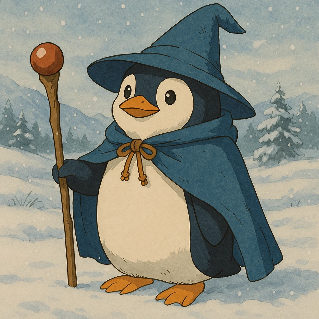 Add a snowy landscape background behind the penguin wizard, keep all original colours and lighting emoji