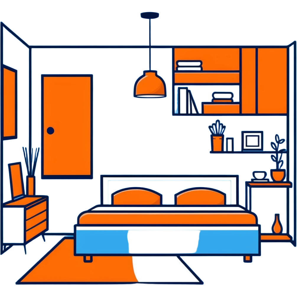 clean modern bedroom with blue walls and decor, contemporary design emoji