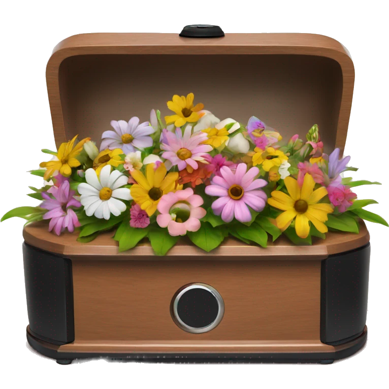 a Roomba positioned in a tiny casket with flowers emoji