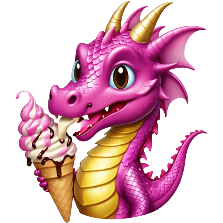 A shiny, glittery dragon in pink tones eats vanilla and chocolate ice cream emoji