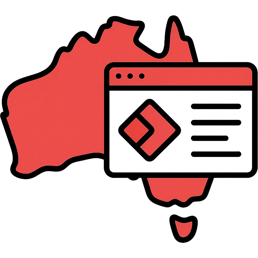 map of Australia with digital web page overlay, modern, red and white, Microsoft Power Pages theme icon emoji