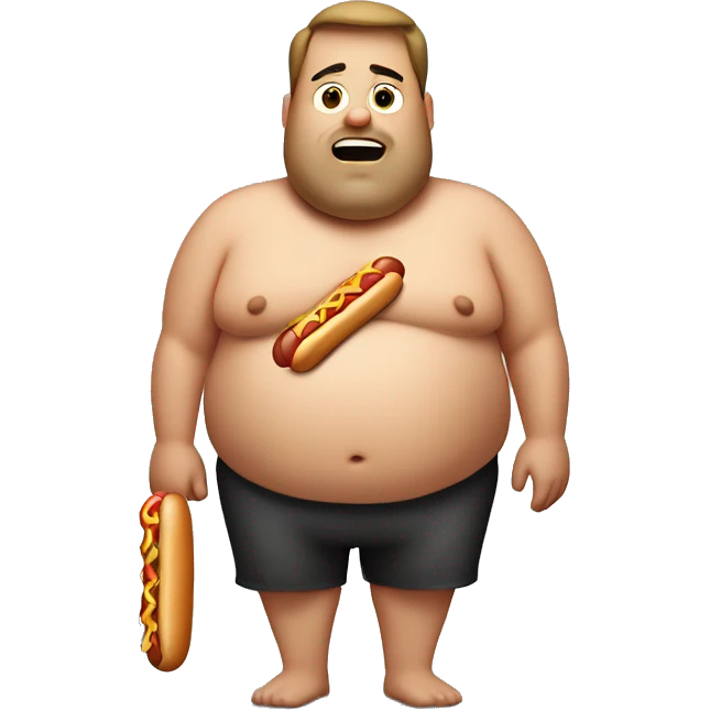 Shirtless Fat man with poor posture holding a hotdog  emoji