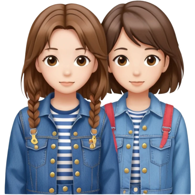 Two anime best friend girls with brown hair, one in striped shirt and denim jacket, one in denim overalls with hair clip emoji