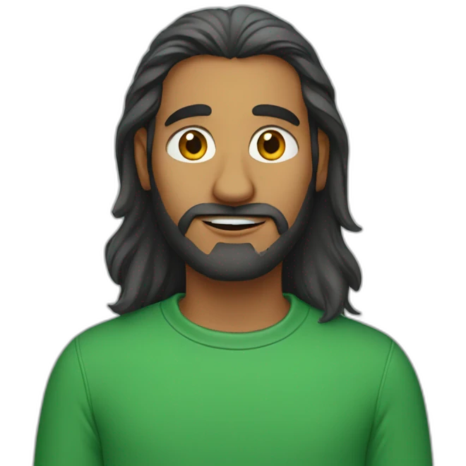 an indian man wearing a green sweatshirt, long hair, no facial hair, waving goodbye, close up emoji