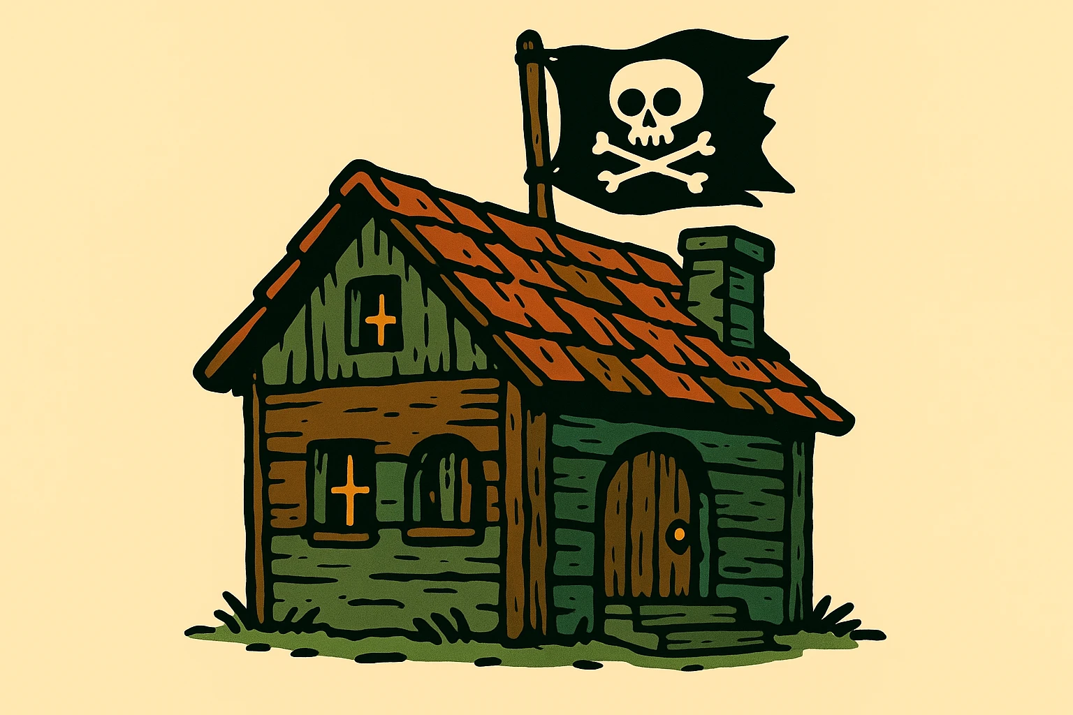 old pirate's house with skull flag emoji