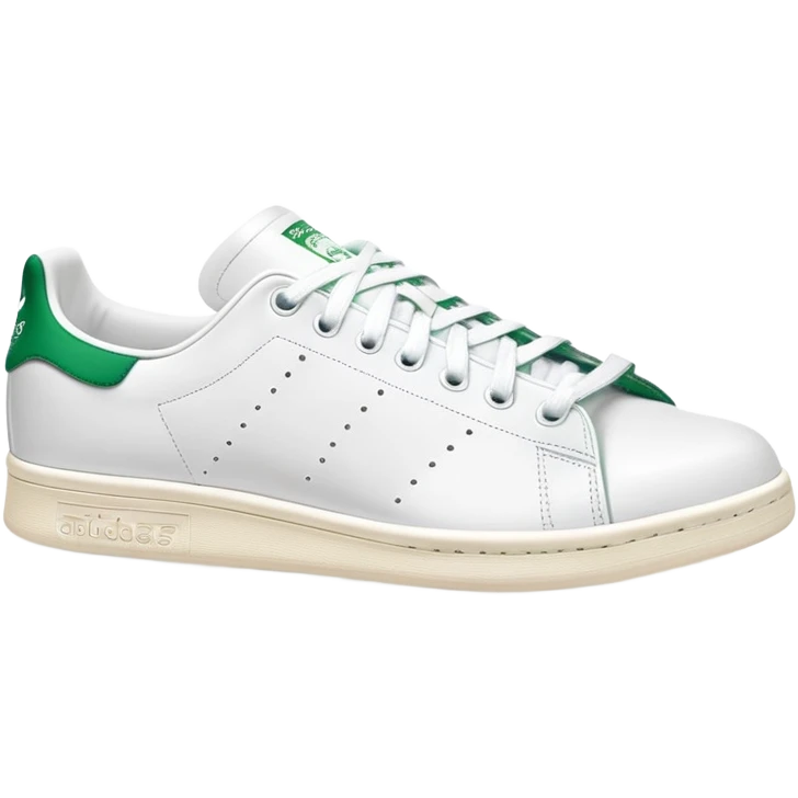 A pair of white Adidas Stan Smith sneakers arranged with one shoe behind the other, white leather with green heel tabs, classic design, both shoes visible emoji
