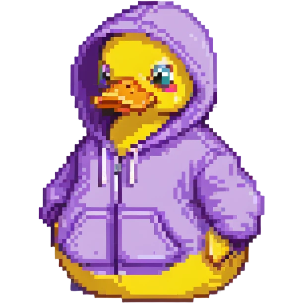 Pixelated rubber duck with a purple hoodie emoji